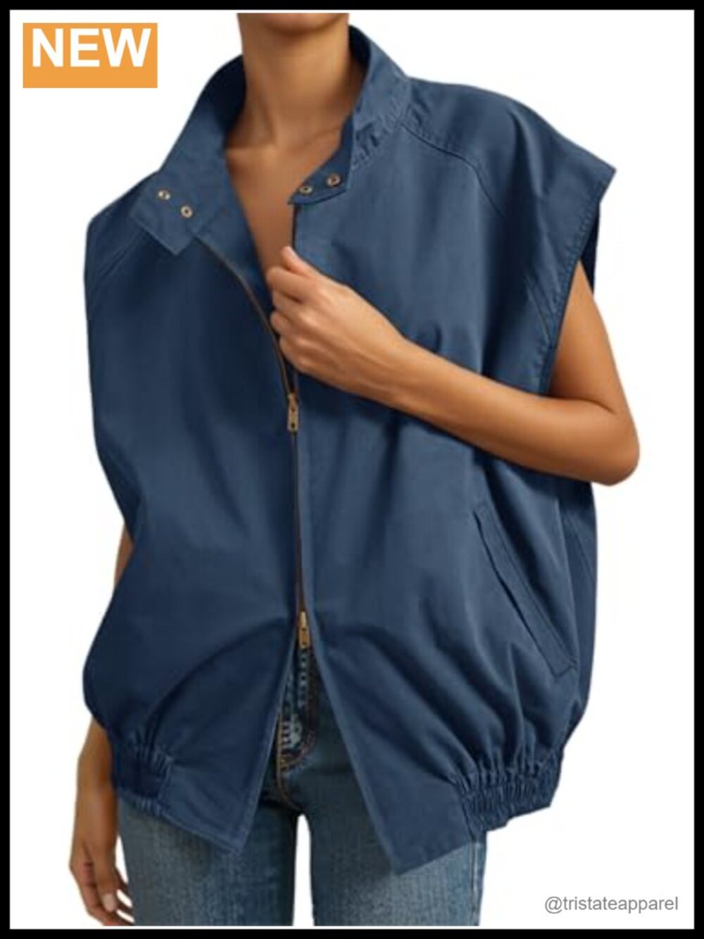 Womens Oversized Zip Up Snap Vest Cap Sleeve Stand Collar Military Utility